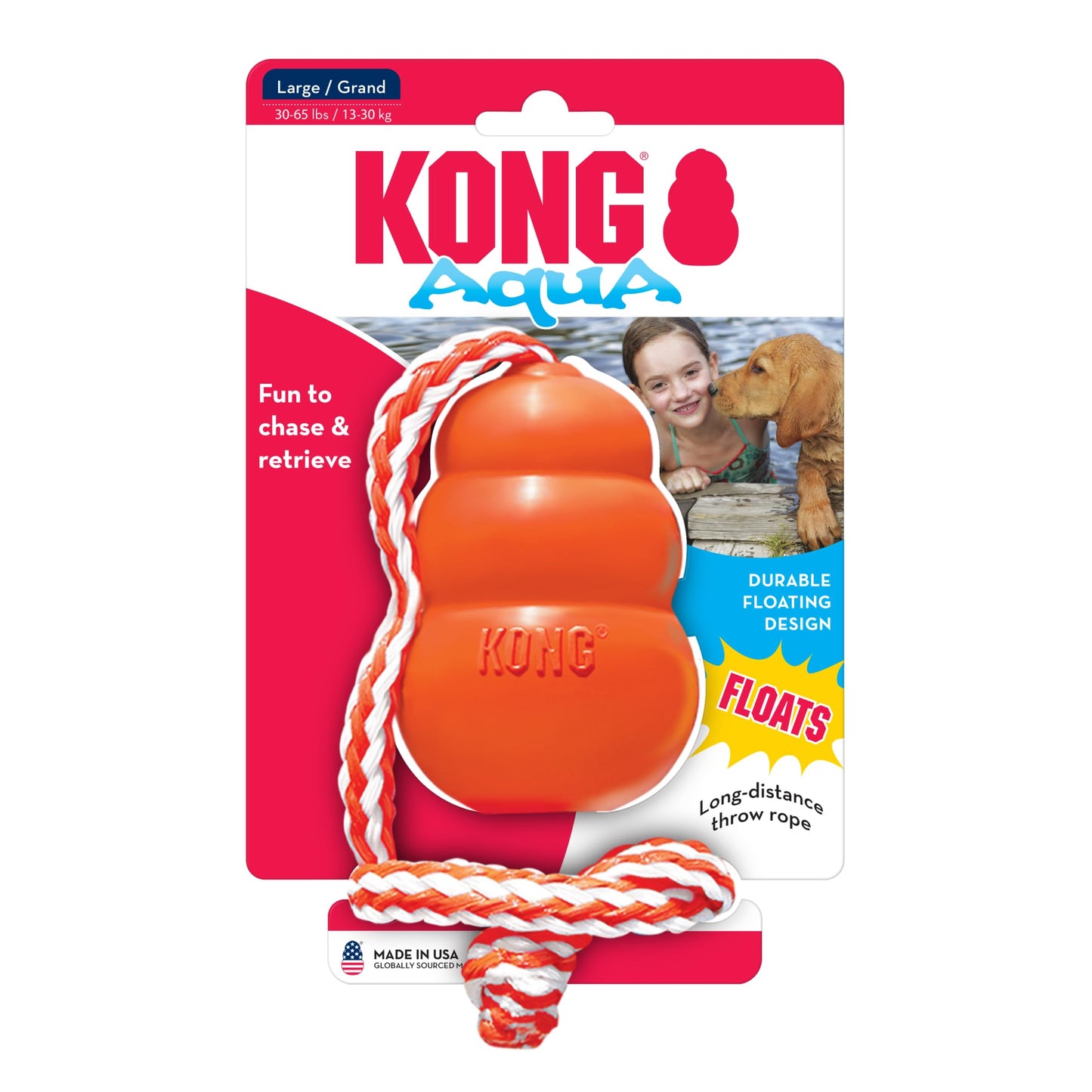 KONG Aqua Floating Fetch Toy - For Water Retrieval, Play & Exercise - With Foam Interior & Rope for Throwing - For Large Dogs, Orange