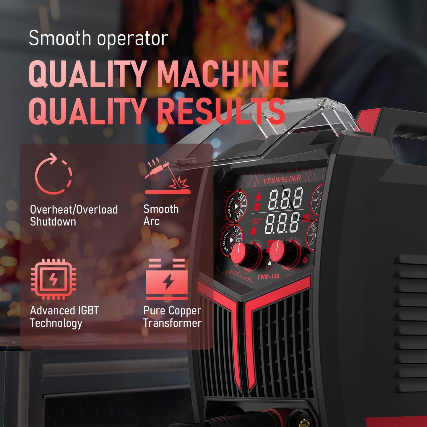 YESWELDER YWM-160 MIG Welder, 4-in-1 Flux Core/MIG/Lift TIG/Stick, Synergic Control 110V/220V 160A Multiprocess Welding Machine & LYG-L600A Auto Darkening Blue Light Blocking Welding Helmet