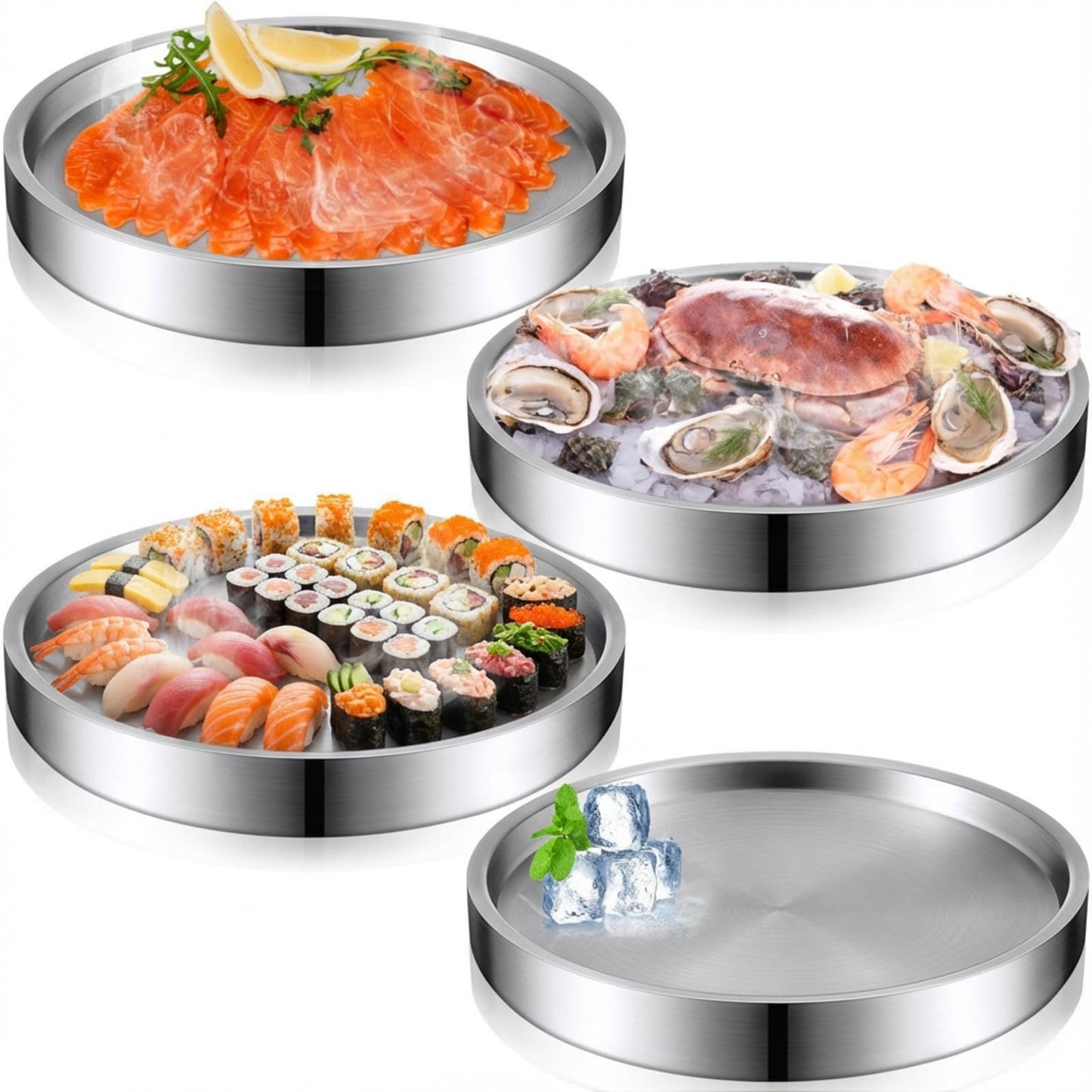 LemonRoad 4 Pcs 11 Inch Shrimp Cocktail Serving Dish Chilled Serving Trays Cold Tray for Halloween Parties Buffets Multiple Guests, Stainless Steel Ice Tray for Chilled Dip(Silver)
