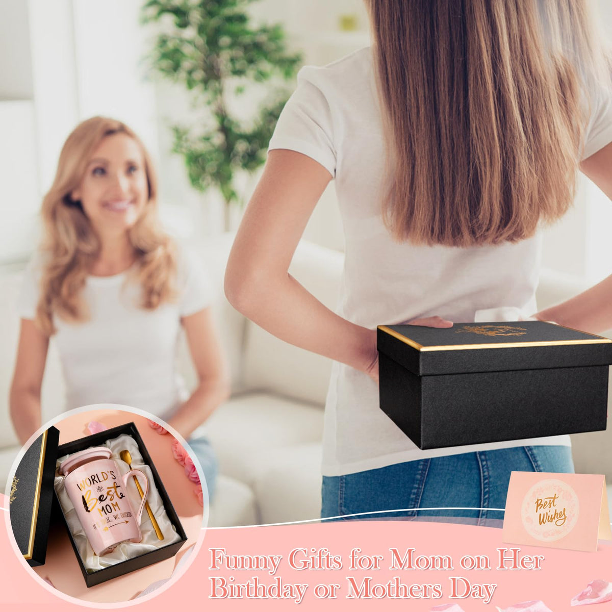 Mothers Day Birthday Gifts for Mom from Daughter Son - 14Oz Funny Best Mom Mug with Gold Print, Unique Pink Marble Coffee Cup with Lid Spoon Greeting Card, Happy Moms Gifts Idea, Luxury Gift Boxed Set