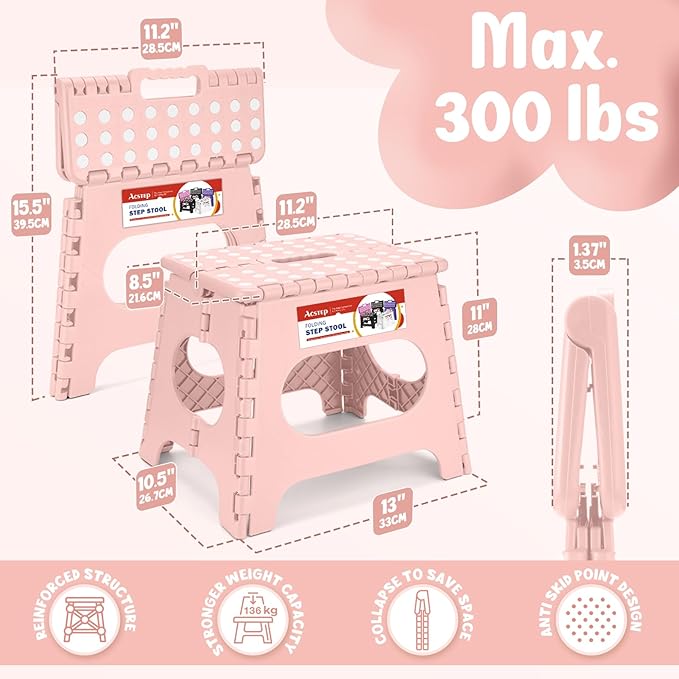 ACSTEP Folding Step Stool 11 Inch, Sturdy Plastic Foldable Step Stool for Kids & Adults, Non Slip Lightweight Collapsible Foot Stools Holds 300 lbs, Ideal for Kitchen, Bathroom, Bedroom, Light Pink