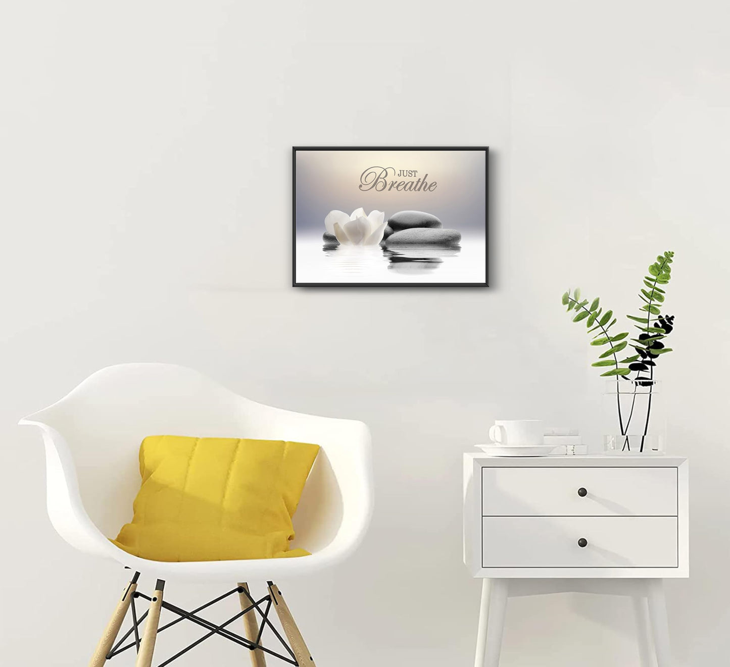 Framed Zen Stone Flower Wall Art White Lotus Just Breathe Yoga Quotes Picture Wall Decor Water Lily Stone Poster Print Artwork for Bathroom Yoga Room Spa Room Meditation Room Office Home Decoration