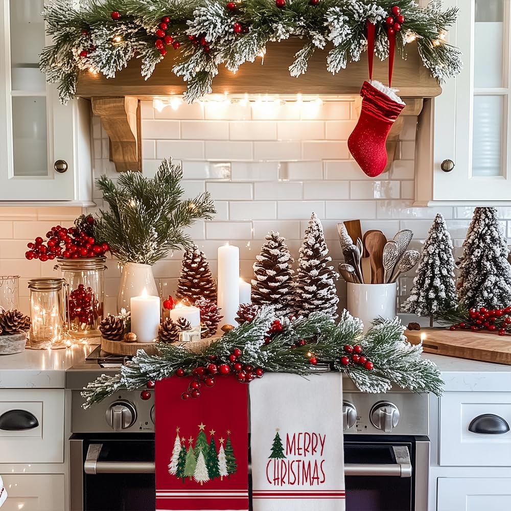 DineDia Merry Christmas Kitchen Towels Set of 2,Red Xmas Tree Dish Hand Towels Holiday Home Indoor Bathroom Party Seasonal Noel Decorations DD025