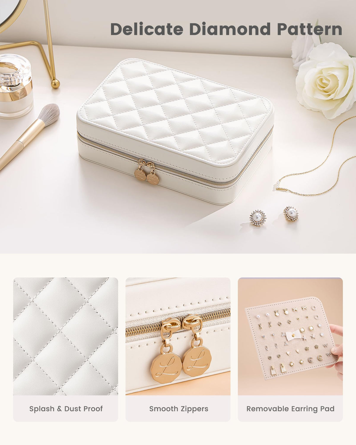 Lolalet Travel Jewelry Case for Women Girls, PU Leather Jewelry Organizer with Clear Storage Bag Small Portable Jewelry Box for Necklace Bracelet Earring Ring Mothers Day Birthday Gifts -Large/Beige