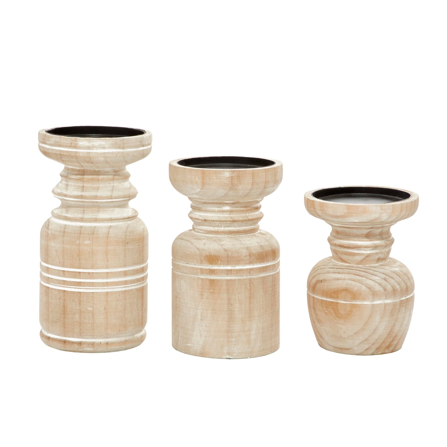 Deco 79 Wood Pillar Candle Holder with White Wash Finish, Set of 3 9", 8", 6"H, Brown