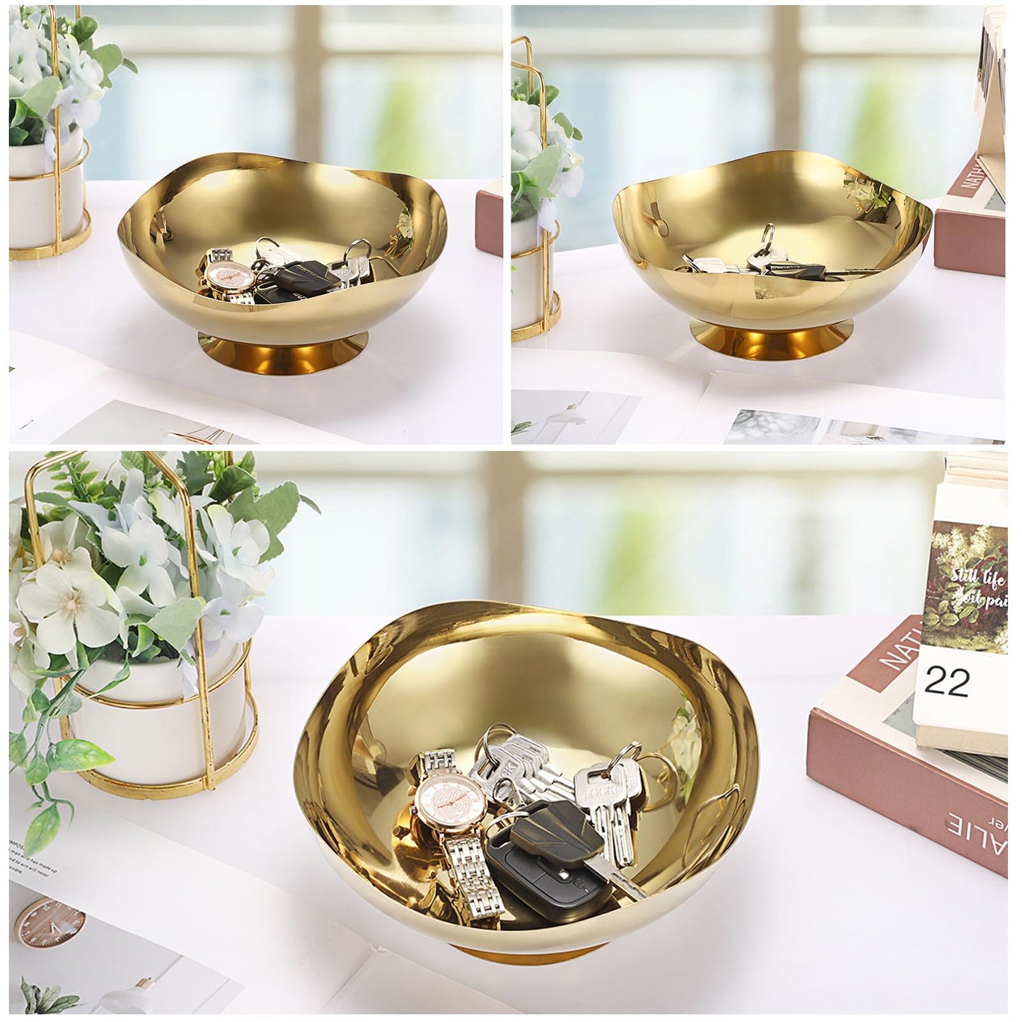 ELLDOO Key Bowl for Entryway Table, 7.9inch Gold Metal Key Dish Decorative Bowl, Coffee Pod Holder for Nespresso, Candy Snacks Jar Catch All Bowl for Countertop Kitchen Breakroom