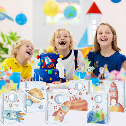 Naozinebi 12 Pcs Outer Space Party Favors Bags with Handles Astronaut Galaxy Theme Party Supplies Solar System Goodie Gift Rocket Paper Bag for Kids Birthday in 6 styles Gift Bags for Baby Shower