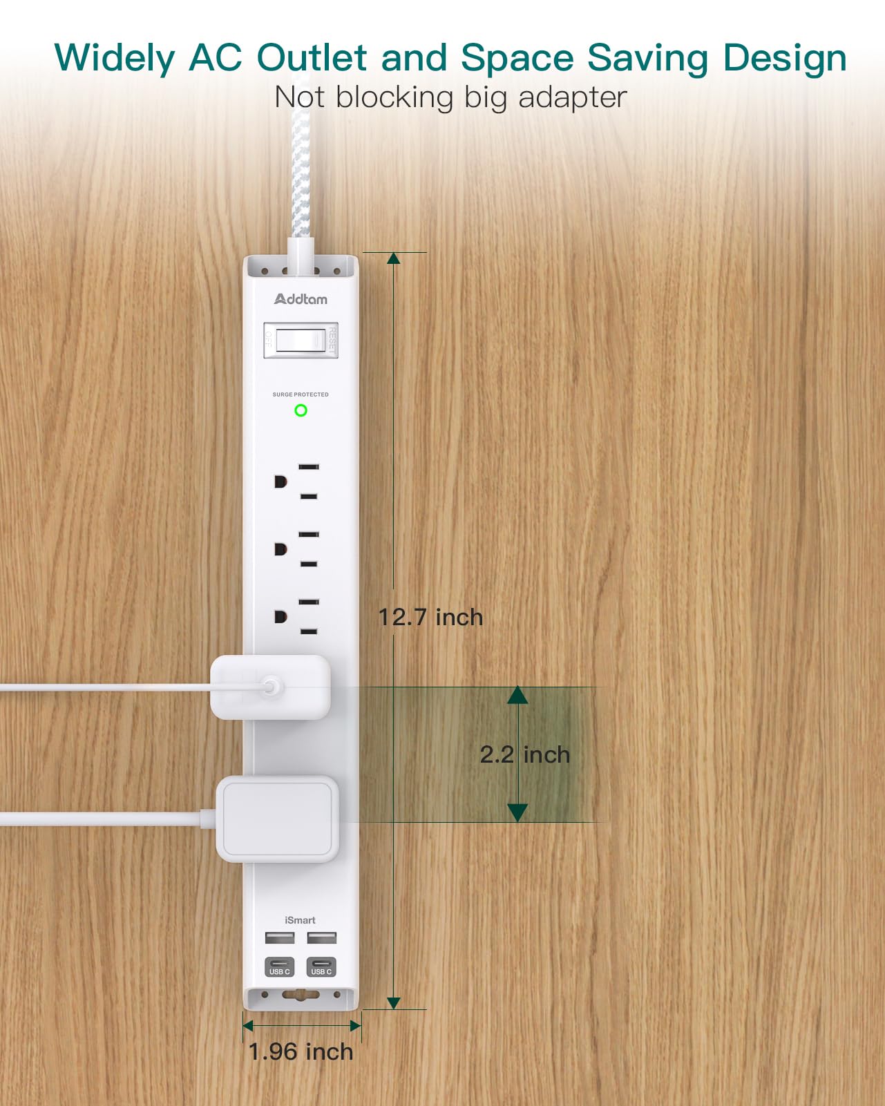 2 Pack Power Strip Surge Protector - 5 Widely Spaced Outlets 3 USB Charging Ports, 1875W/15A with 5Ft Braided Extension Cord, Flat Plug, Overload Surge Protection, Wall Mount for Home Office,White