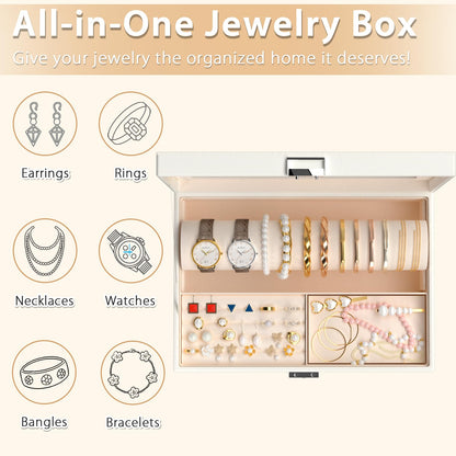 Jolensoy Jewelry Organizer Box with Clear Glass Lid, Bracelet Holder Jewelry Storage Case for Earrings, Rings, Bangles, Watches - PU Leather Jewelry Display Box Gifts for Women Girls, White