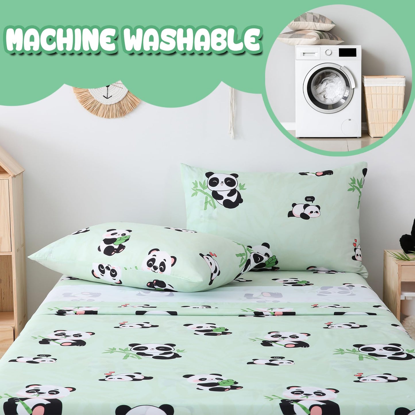 Yibeizi Full Size Sheets Set Kids, Sage Green Panda Pattern Microfiber Double Bed Sheets, Cute Soft Oeko-Tex Extra Deep Pocket Sheets & Pillowcases Cooling Hypoallergenic Wrinkle Free Bedsheets