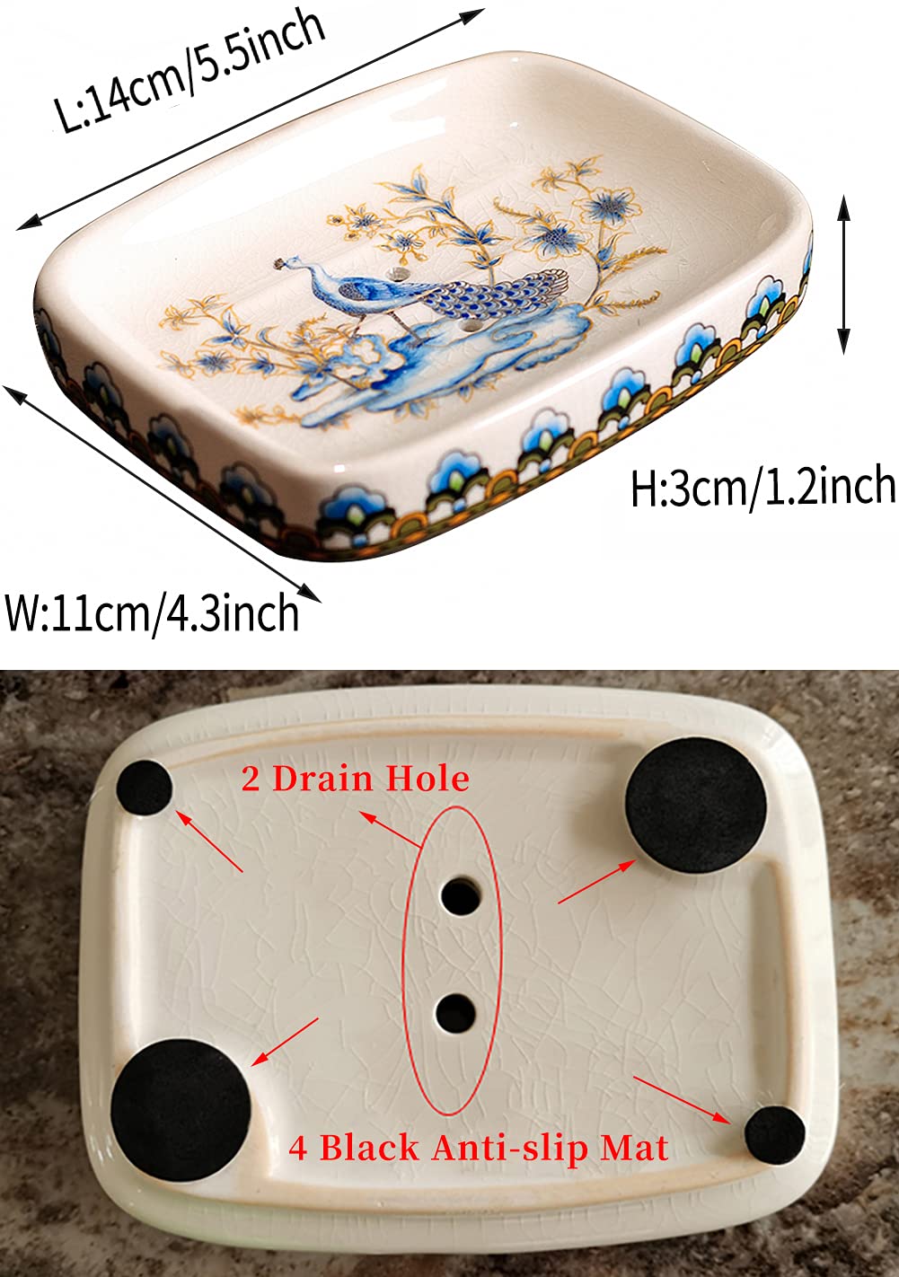 Kelake Ceramic Soap Dish Creative Ice Crack Ceramic Peacock and Flower Pattern Soap Dish Holder for Bathroom and Shower Soap Tray Box with Drain Gift for Mum Family