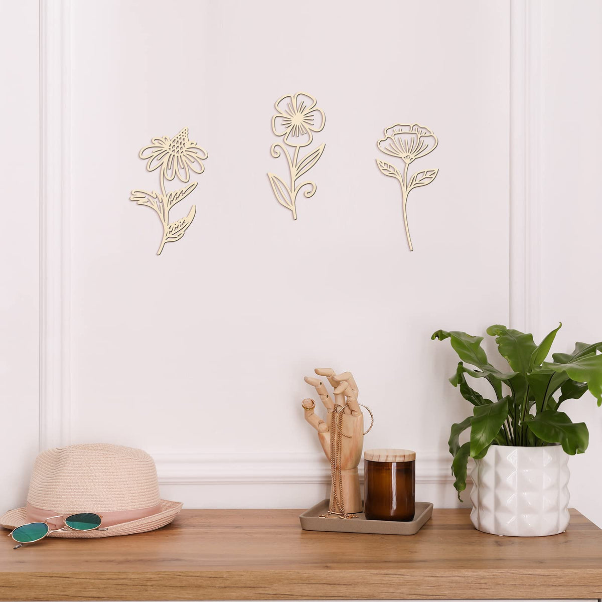 PerKoop 8 Pcs 3D Wooden Flowers Wall Decor, Unfinished Paintable Boho Wildflowers Hanging Sculpture for DIY Craft, Nursery, Bedroom, Living Room, Housewarming Gifts, Home Decorations(Elegant Style)