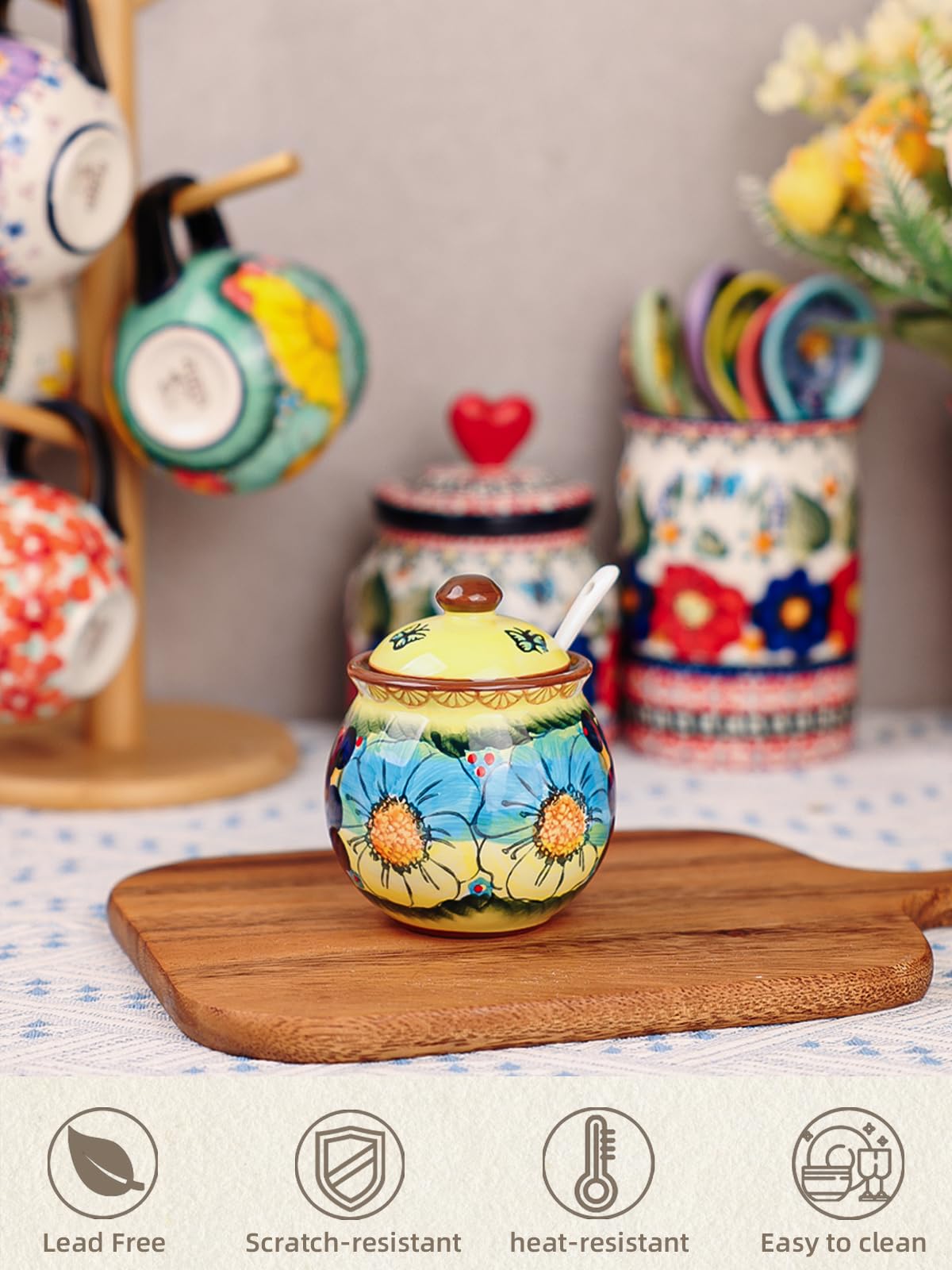 silesia Handmade Sugar Bowl with Lid and Spoon, 8 oz Hand-Painted Ceramic Sugar Jar, Floral Design Seasoning Container for sugar, honey, or spices, Dishwasher Safe (Glazed Yellow)