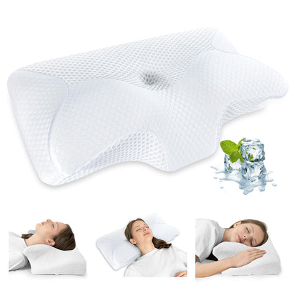 HOMCA Cervical Pillow, Ergonomic Memory Foam Pillow for Neck and Shoulder Pain Relief with Cooling Ice Silk Pillowcase, Orthopedic Neck Bed Pillow for Side, Back and Stomach Sleepers
