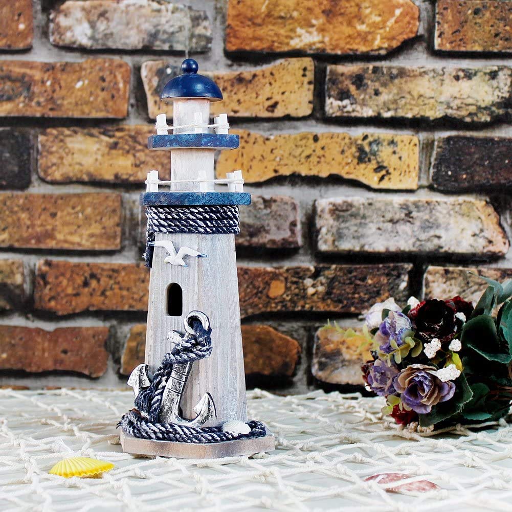 WHY DECOR Lighthouse Decor Nautical Decoration Wood Light House Figurine Beach House Coastal Decor Table Ocean Seaside Theme Home Lake House Bathroom Shelf Centerpiece 10.25" Blue