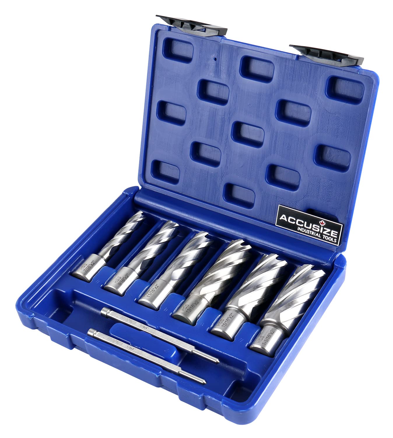 Accusize Industrial Tools H.S.S. Annular Cutter Set, 2'' Cutting Depth, 7/16'' - 1-1/16'' Slugger Cutter, 8 Pcs/Set, HSS2-0000