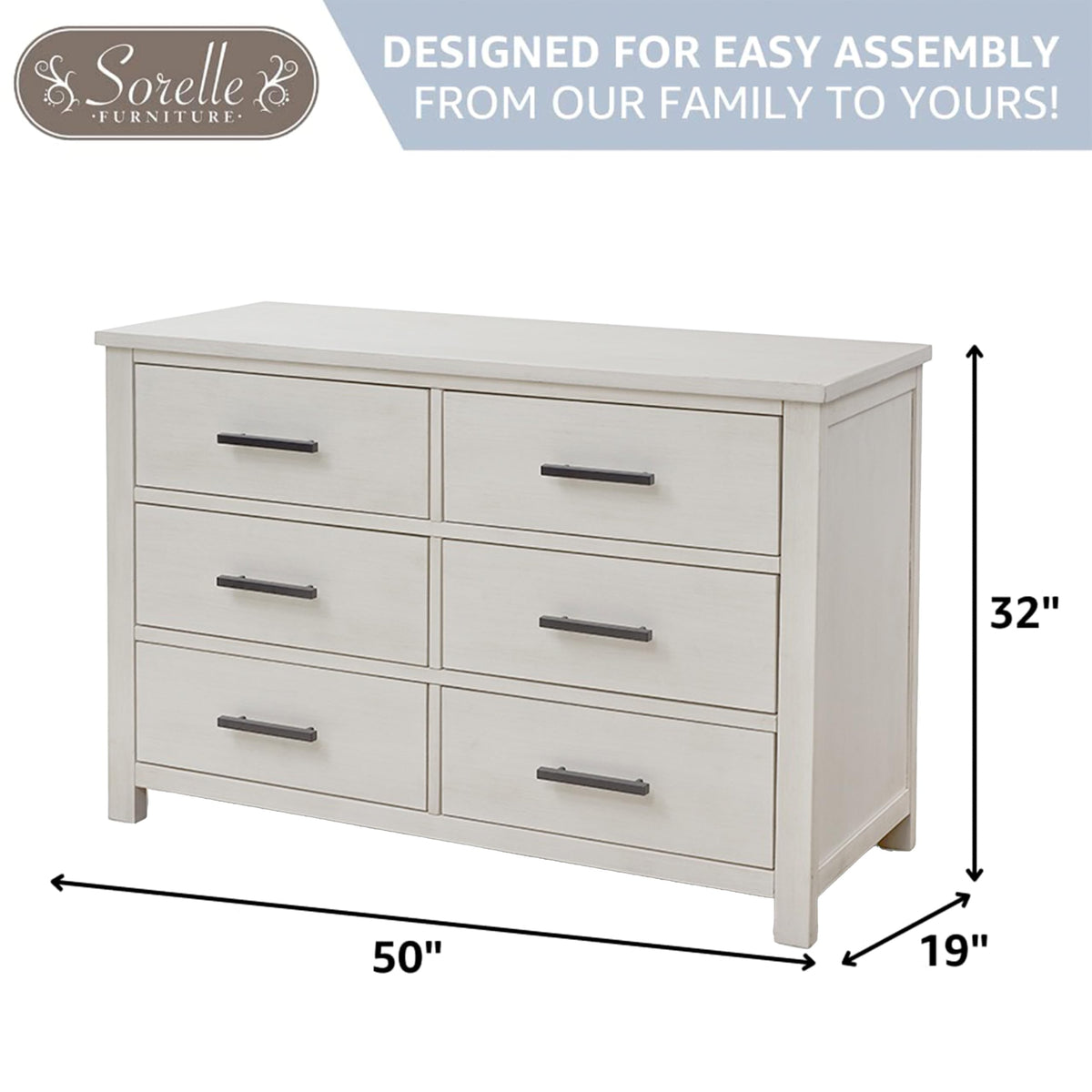 Sorelle Westley Double Dresser - 6 Drawer Solid Wood Nursery Dresser with Smooth Drawer Glides and Anti-Tip Kit, Convertible Changing Surface Ready, Brushed Ivory