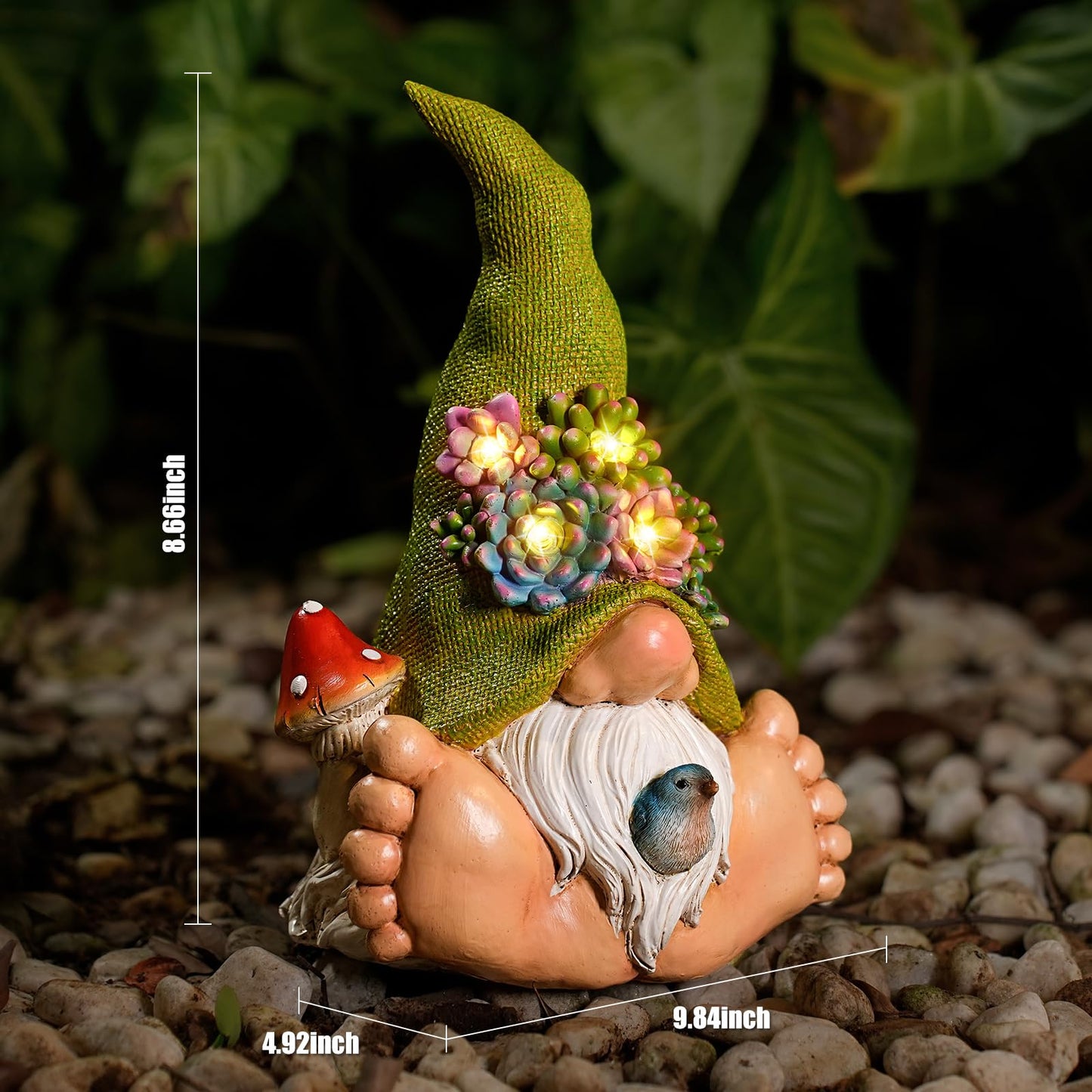Joint Honglin Solar Succulent Gnome Garden Statue, Lighted Succulent Hat Gnome with Bird, Resin Fairy Garden Decor, Outdoor Waterproof Garden Gnome Figurine for Yard Lawn Patio Porch