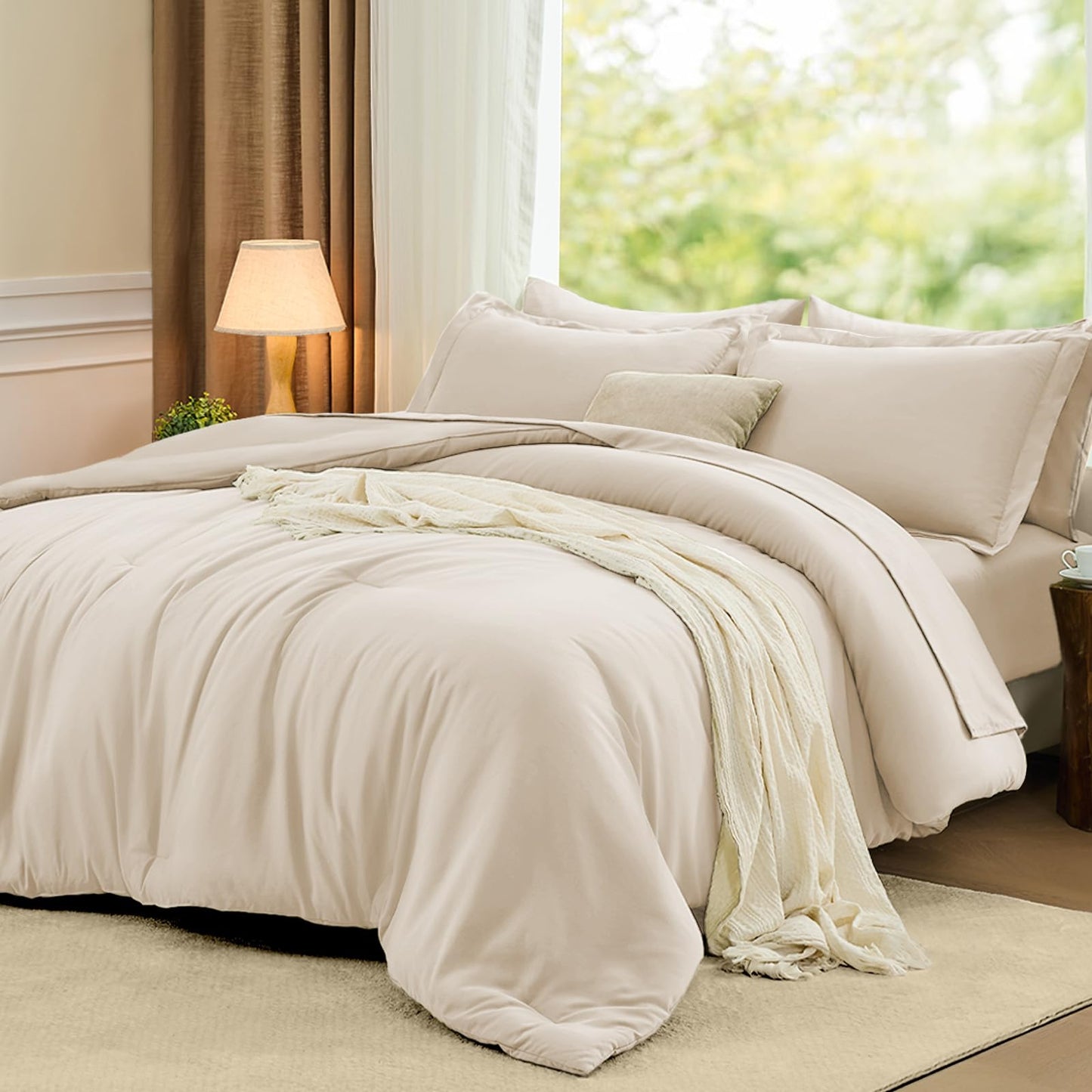 FUANNA King Size Comforter Sets Beige, 7 Pieces Soft Bedding Set, All Season Lightweight Bed in a Bag with Comforter, Flat Sheet, Fitted Sheet, Pillowcases & Shams