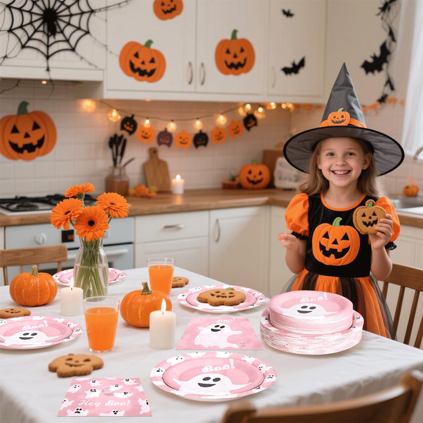 Osonm 180Pcs Halloween Party Supplies Serve 60,Pink Ghost Paper Plates and Napkins Disposable Dinnerware Kit,for Trick or Treat Birthday Party Decorative