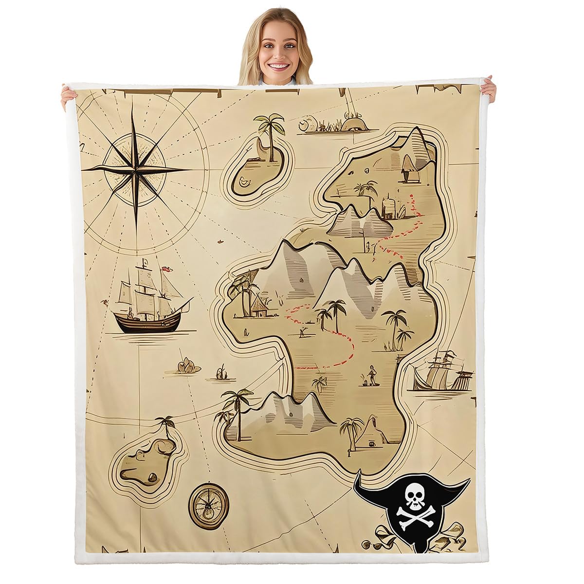 Feelyou Treasure Map Fleece Throw Sherpa Blanket for Kids Boys Girls Pirate Ocean Adventure Medieval Retro Fuzzy Plush Blanket for Sofa Bed Couch 90x90 Inches