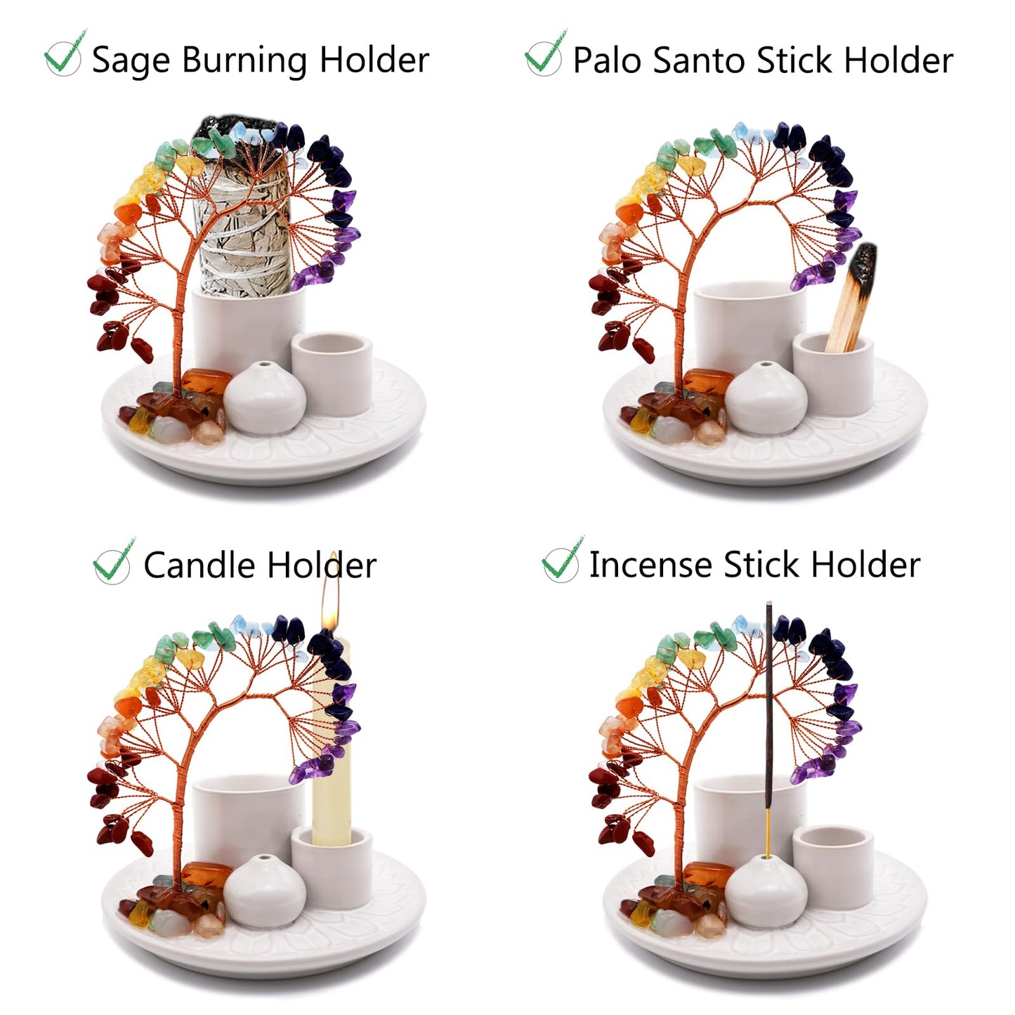 5 in 1 Incense Burner Holder with Crystal Healing Tree, Palo Santo Holder, Sage Holder, Incense Holder for Sticks/Cones/Candles, Ceramic Tray Ash Catcher for Burning Incense, Meditation Gift (White)