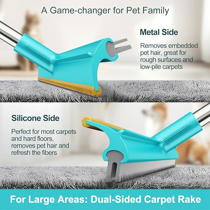 Carpet Rake for Pet Hair Removal, Dog Cat Fur Remover Rubber Broom, Stainless
