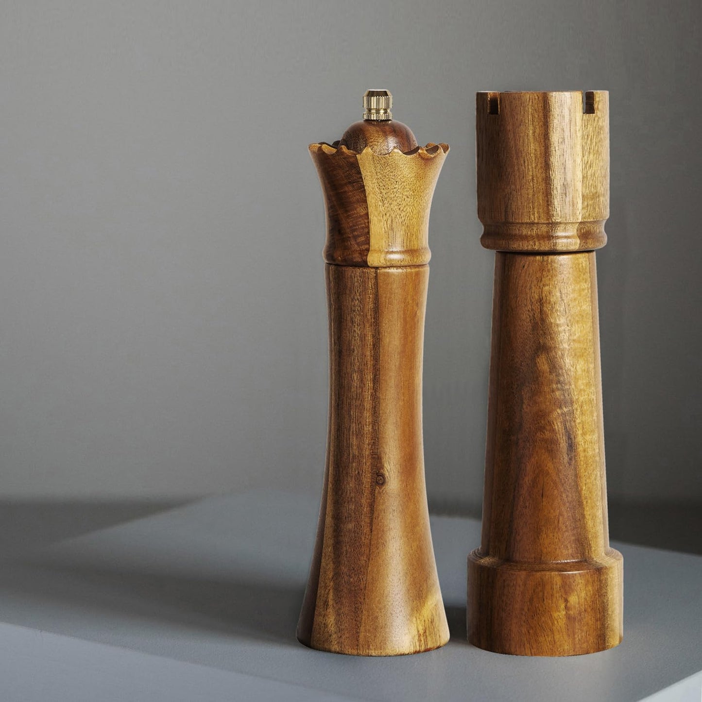 MAITTON Wooden Salt and Pepper Grinder Set Chess Piece Design – Refillable Manual Spice Mills with Adjustable Coarseness, Ceramic Core Acacia Wood 8 Inches
