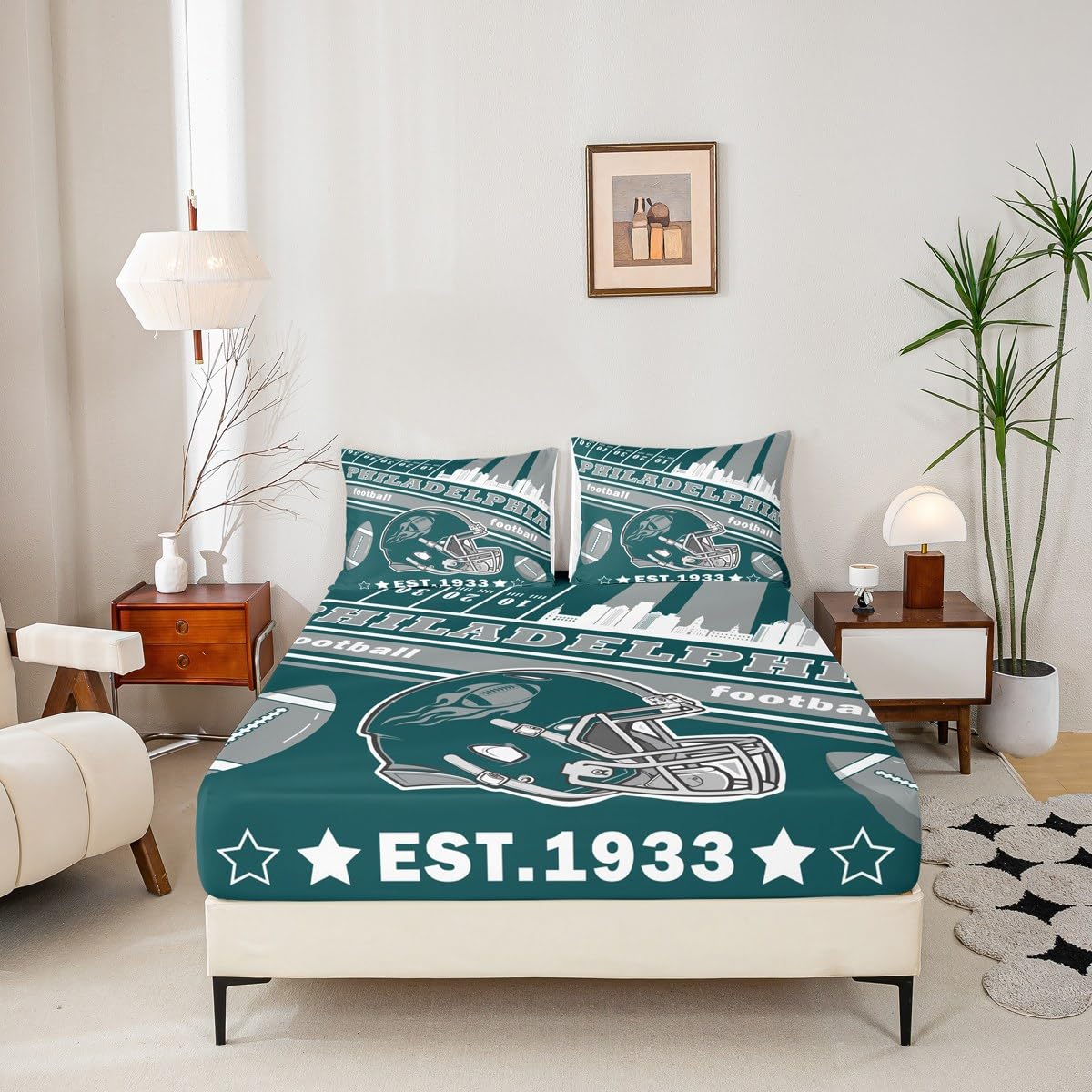 Feelyou Football Bed Sheets Set Twin Size Boys Women Men Rugby Sports Bedding Set Football City Fitted Sheet with 16 Inch Deep Pockets