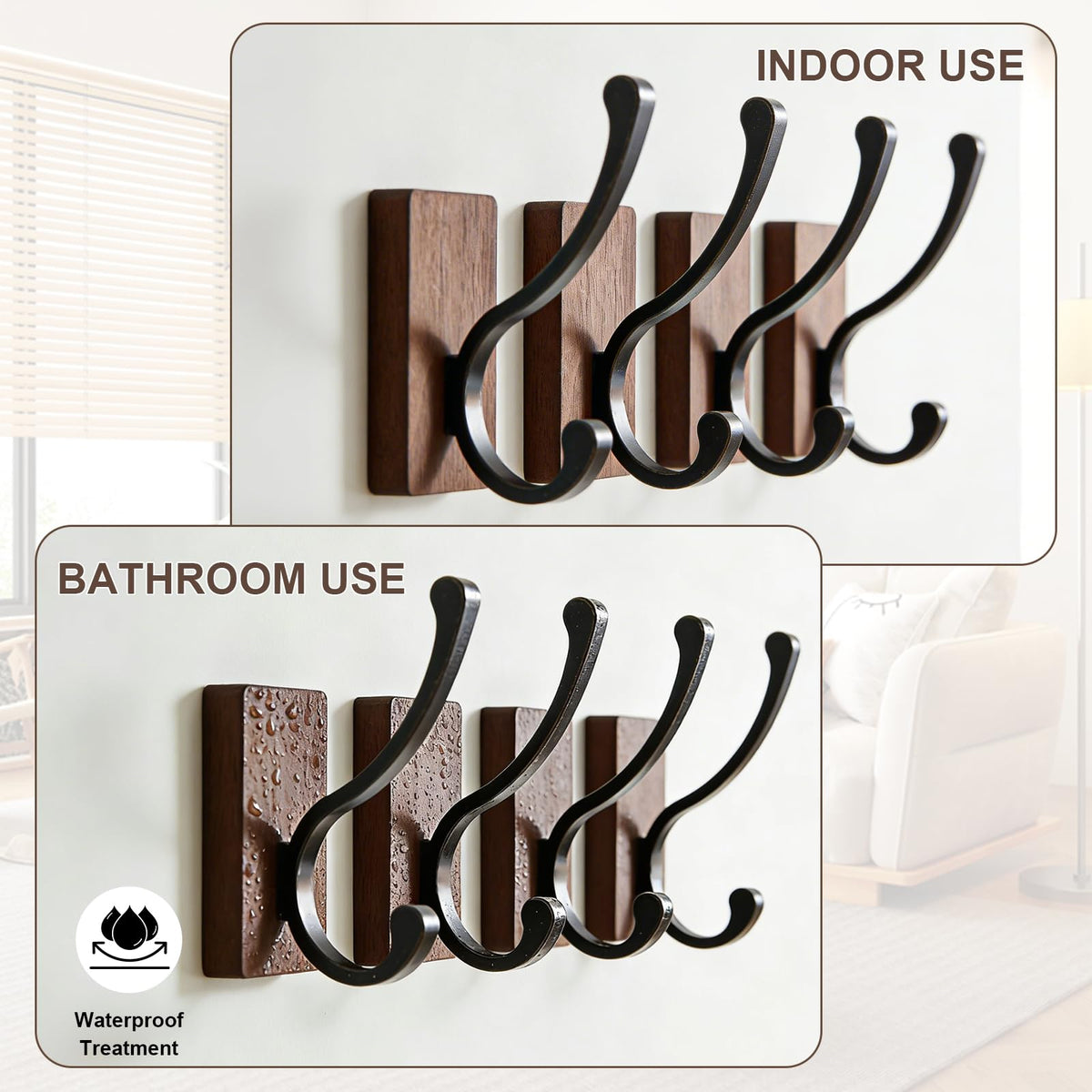 MIWSDCX Wooden Wall Coat Hooks, 4 Pack Coats, Towels, Keys Country-Style Heavy-Duty Towel Hook,Wall-Mounted Hooks, Hooks Suitable for Bedroom, Entrance, Bathroom, Doorway，Hooks Wall Mounted