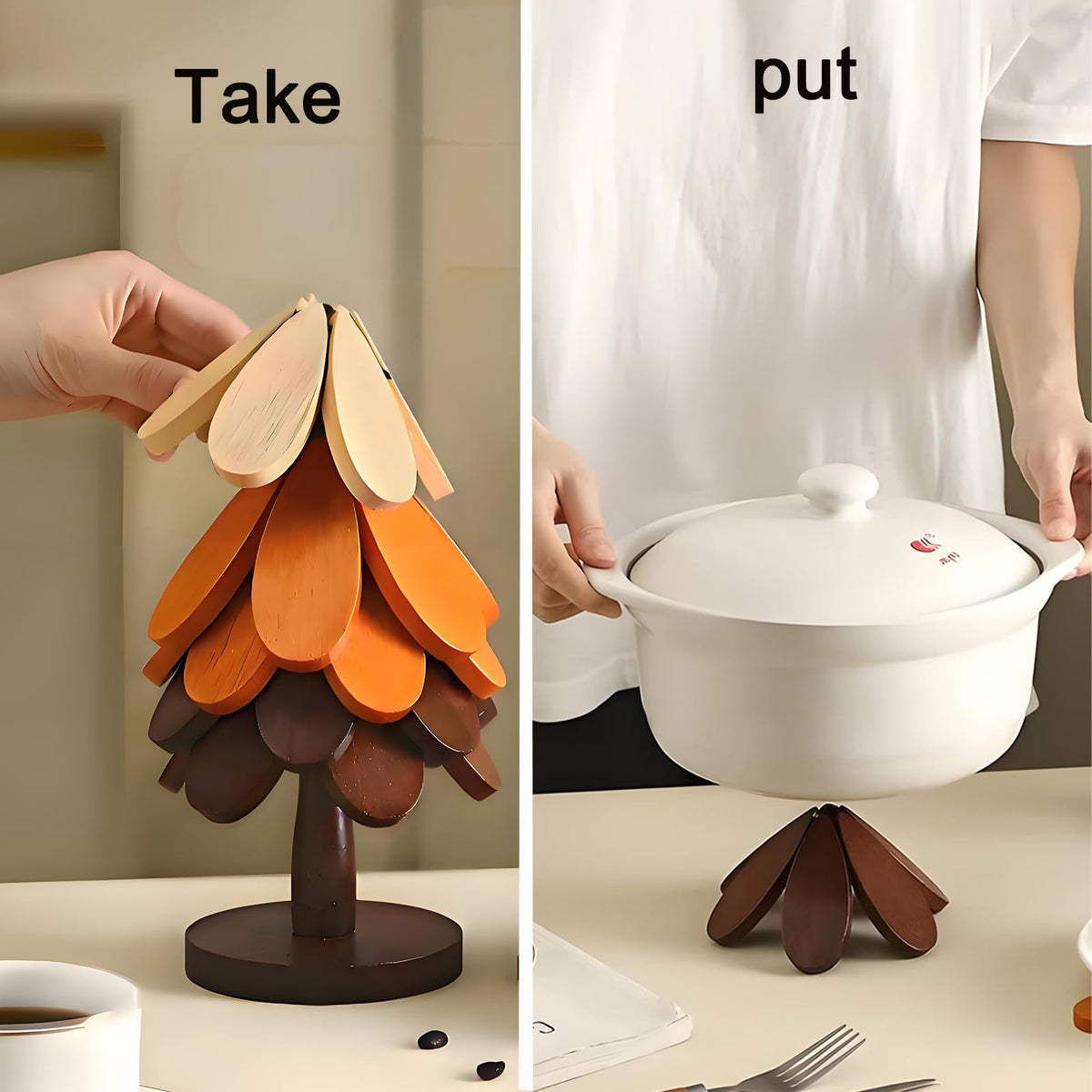 Table Decor Coaster, Tree Trivet Wooden Tree Coasters Christmas Tree Coasters Set of 5,Foldable Kitchen and Restaurant Wooden,for Hot Dishes、Pot、Bowl、Teapot、Hot Pot Holder (Star)