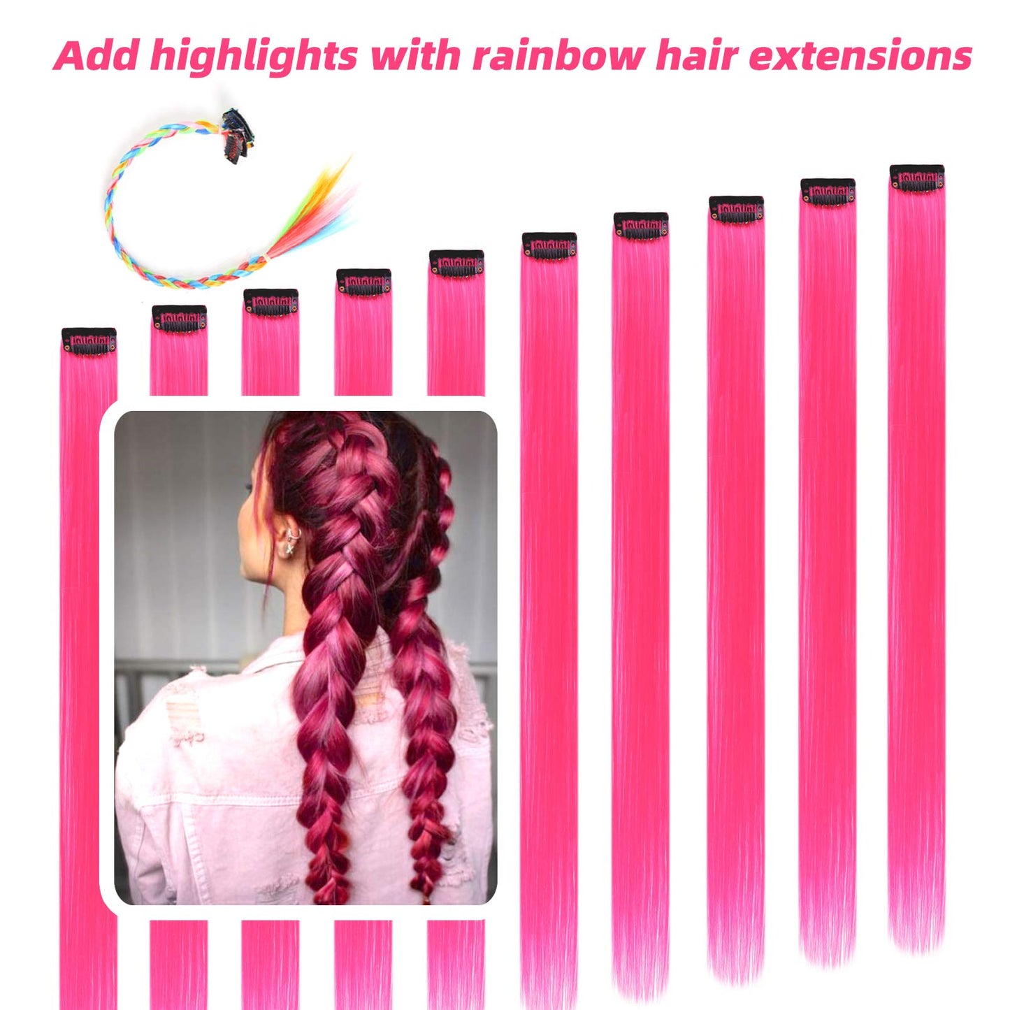 RINBOOOL Pink Hair Extensions Clip in, 22 Inch 10 Pcs Long Straight Colored, for Kids Girls Women Highlight Party, Synthetic