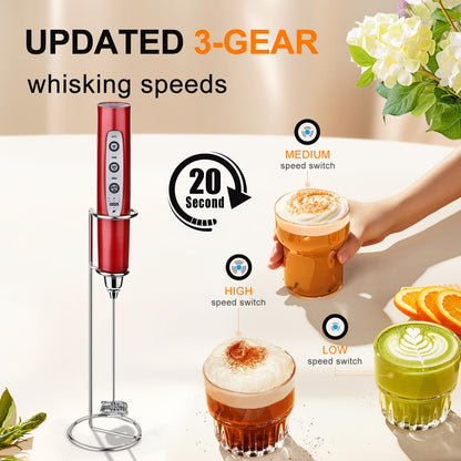 YUSWKO Black Handheld Milk Frother Wand for Coffee, Rechargeable Electric Whisk with 3 Heads 3 Speeds Drink Mixer Coffee Frother For Latte, Cappuccino, Hot Chocolate, Egg