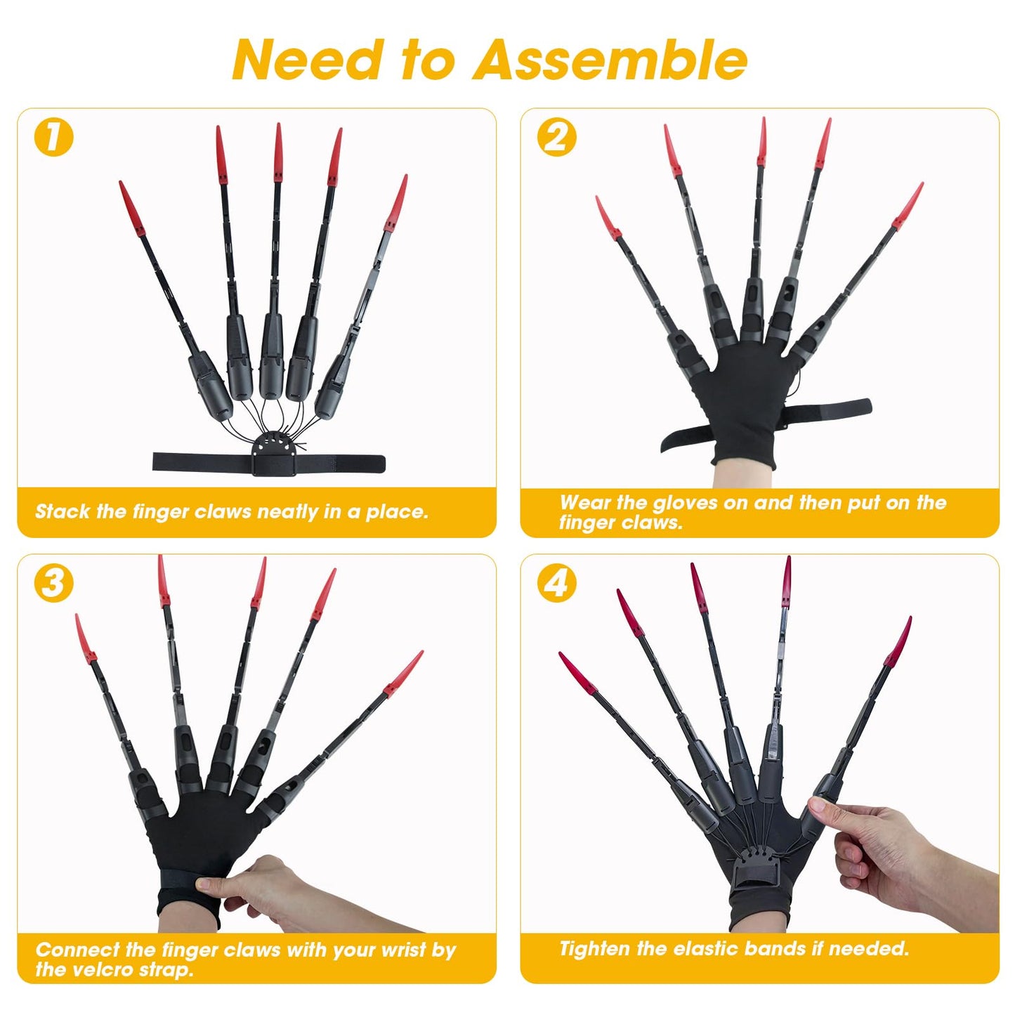New Articulated Finger Extensions With Protective Glove, Halloween Fingers With Fingernails, Long Claw With Gloves, Scary and Flexible Skeleton Claws Hands (Black+Black Nail)