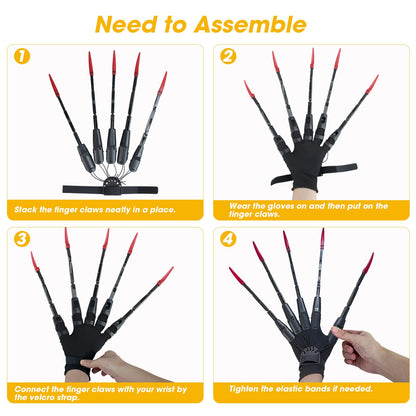 New Articulated Finger Extensions With Protective Glove, Halloween Fingers With Fingernails, Long Claw With Gloves, Scary and Flexible Skeleton Claws Hands (Black+Black Nail)
