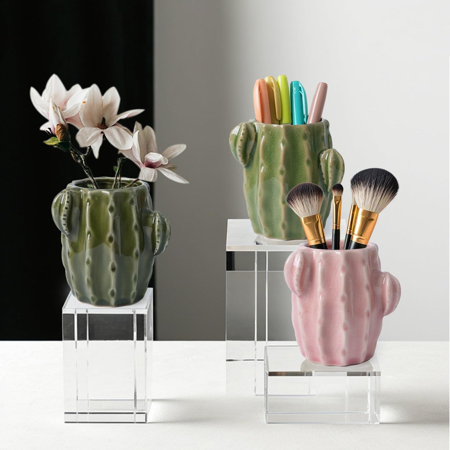 Cactus Toothbrush Holder for Bathrooms，Ceramic Toothpaste Holder Cute Toothbrush Holder Set,for Bathroom Counter and Desk Office Fun Decor Desk Organizer, Makeup Brush Holder - Dark Green