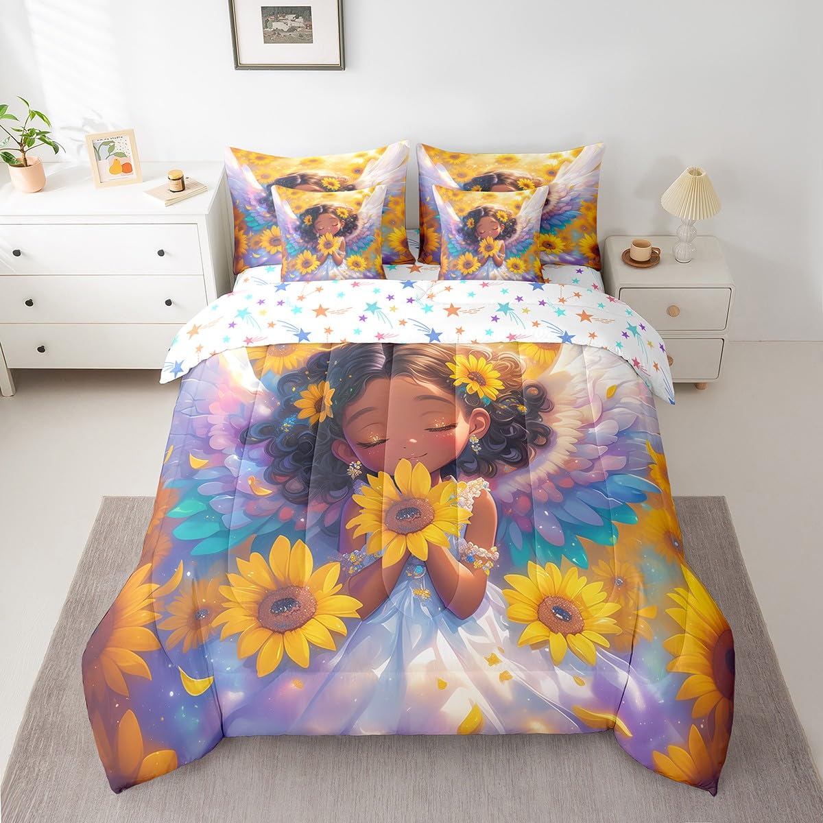 Castle Fairy Girlish Angel Bedding Set,Blooming Sunflowers Twin Comforter Set with Sheets for Kids Girls Teens Room Decor,Dreamy Angel Wings Bed in a Bag 7 Piece for Bedroom Living Room