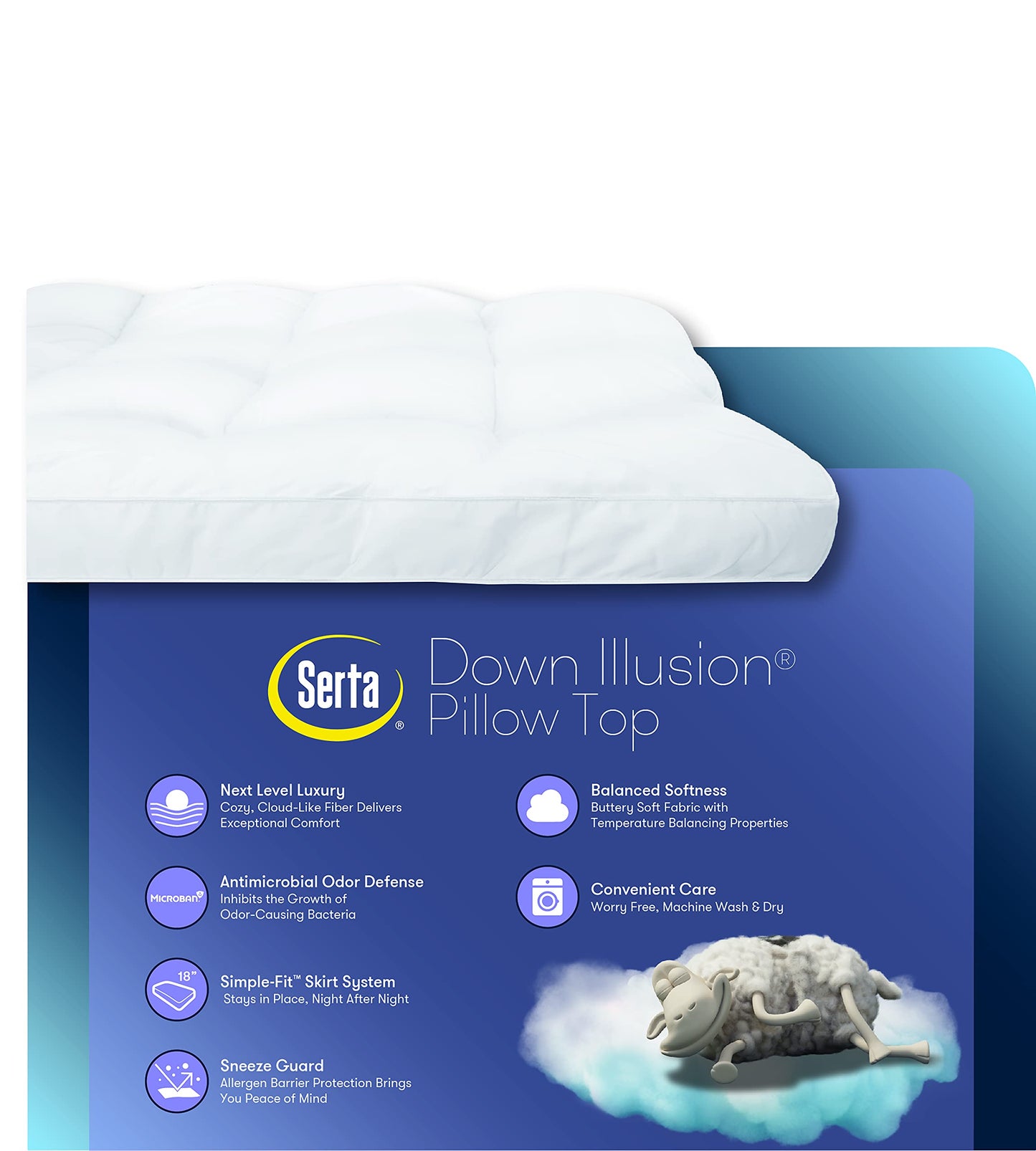 Serta Down Illusion Soft Hypoallergenic 2 inch Pillowtop Simple Fit Mattress Topper, Full, White