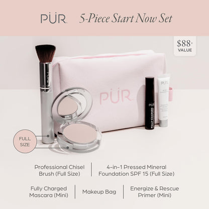 PÜR MINERALS Multitasking Essentials Kit, Medium Dark - Makeup Gift Set Includes 4-in-1 Correcting Primer, Fully Charged Mascara, 4-in-1 Pressed Mineral Powder & 1 Chisel Brush
