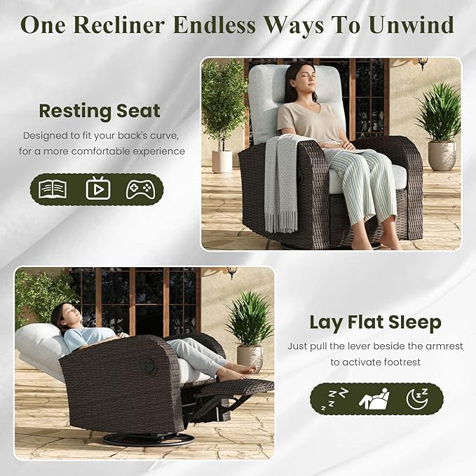 LayinSun Oversized Wicker Outdoor Swivel Glider Recliner with Adjustable Backrest & Footrest, Patio Reclining Lounge Chair - Set of 2