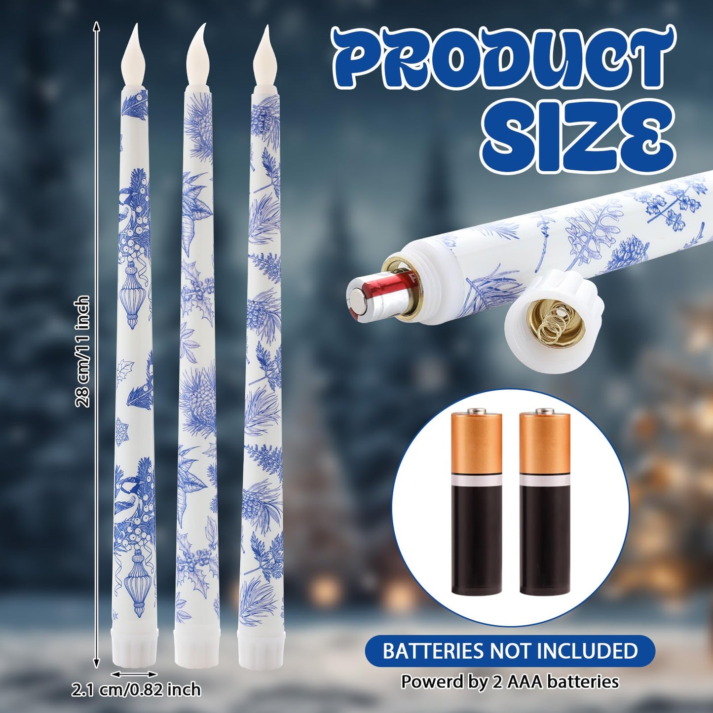 Kittmip 6 Pcs Christmas Blue White Flameless Taper Candles 11 Inch Chinoiserie Battery Operated LED Candlestick Holly Mistletoe Floral Table Centerpiece for Xmas Winter Holiday Party Decoration