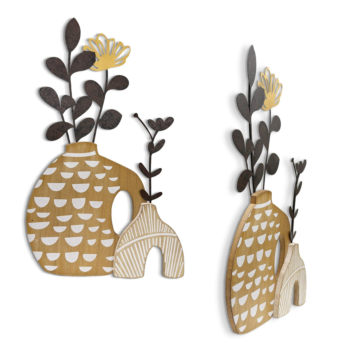 WOPARTY Rustic Metal and Wood Flowers Wall Art, Bohemian Vase with Flower Design, Black and Gold, 16.2x10 Inch, Farmhouse Wall Decor Home Bedroom Dining Room Housewarming