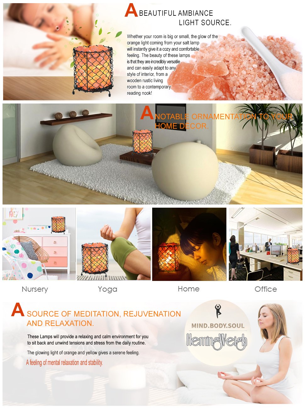 Hemingweigh Natural Hand Carved Crystal Salt Lamp with Salt Chips- Natural Himalayan Salt Crystals | Metal Cylinder Basket Lamp 17cm Electric Wire & Bulb