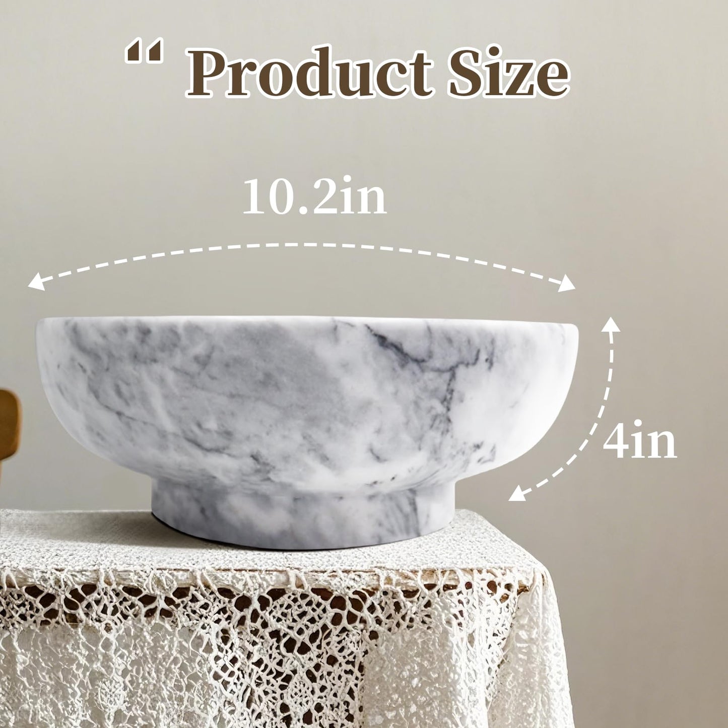 OZLMC Premium Natural Marble Decorative Bowl - Large 10.2” Solid Marble (11 lbs) - Luxury Fruit Bowl with Grey Veins for Home Decor