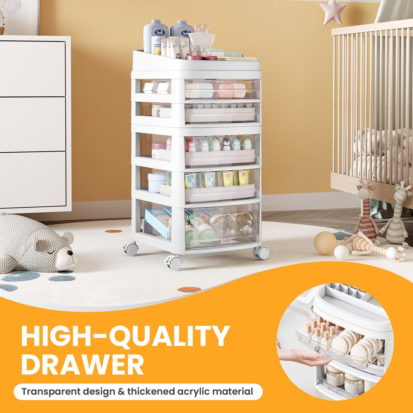 Rolling Cart with 5 Drawers, Clear Plastic Drawer Organizers, Dust Proof Under Desk Storage for Makeup, Skincare, Art Crafts and Baby Items, Acrylic Cosmetic Organizer with Dividers, Vanity Cart