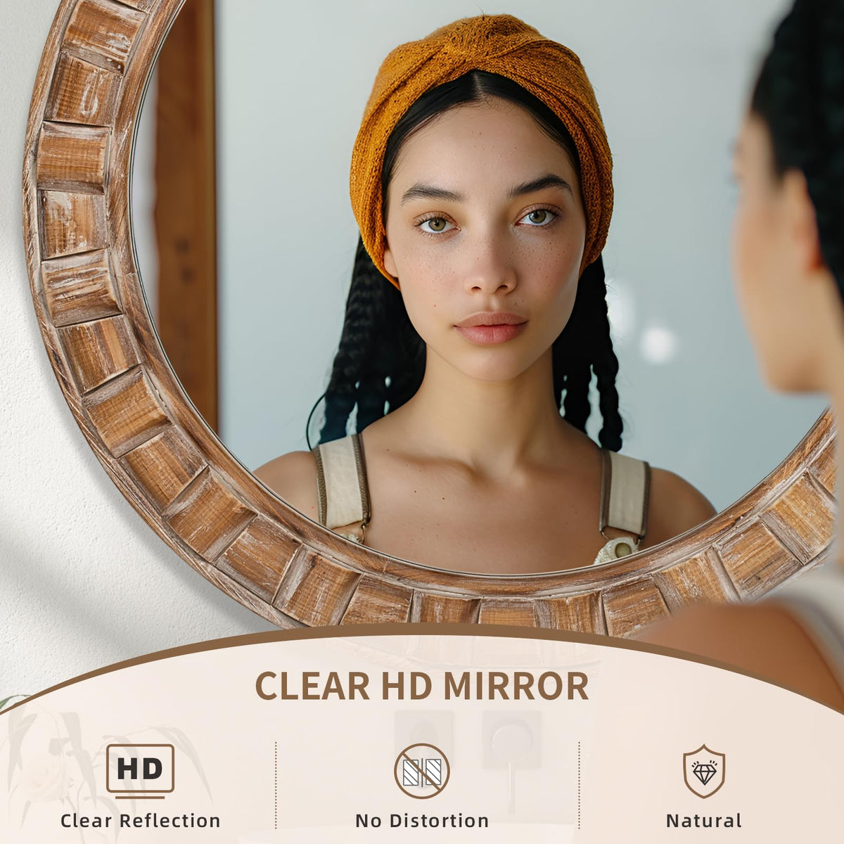 XGGJWW 30 Inch Brown Solid Wood Round Wall Mirrors, Decorative Circle Mirror for Bathroom, Bedroom, Living Room, Hallway, Foyer, Entryway