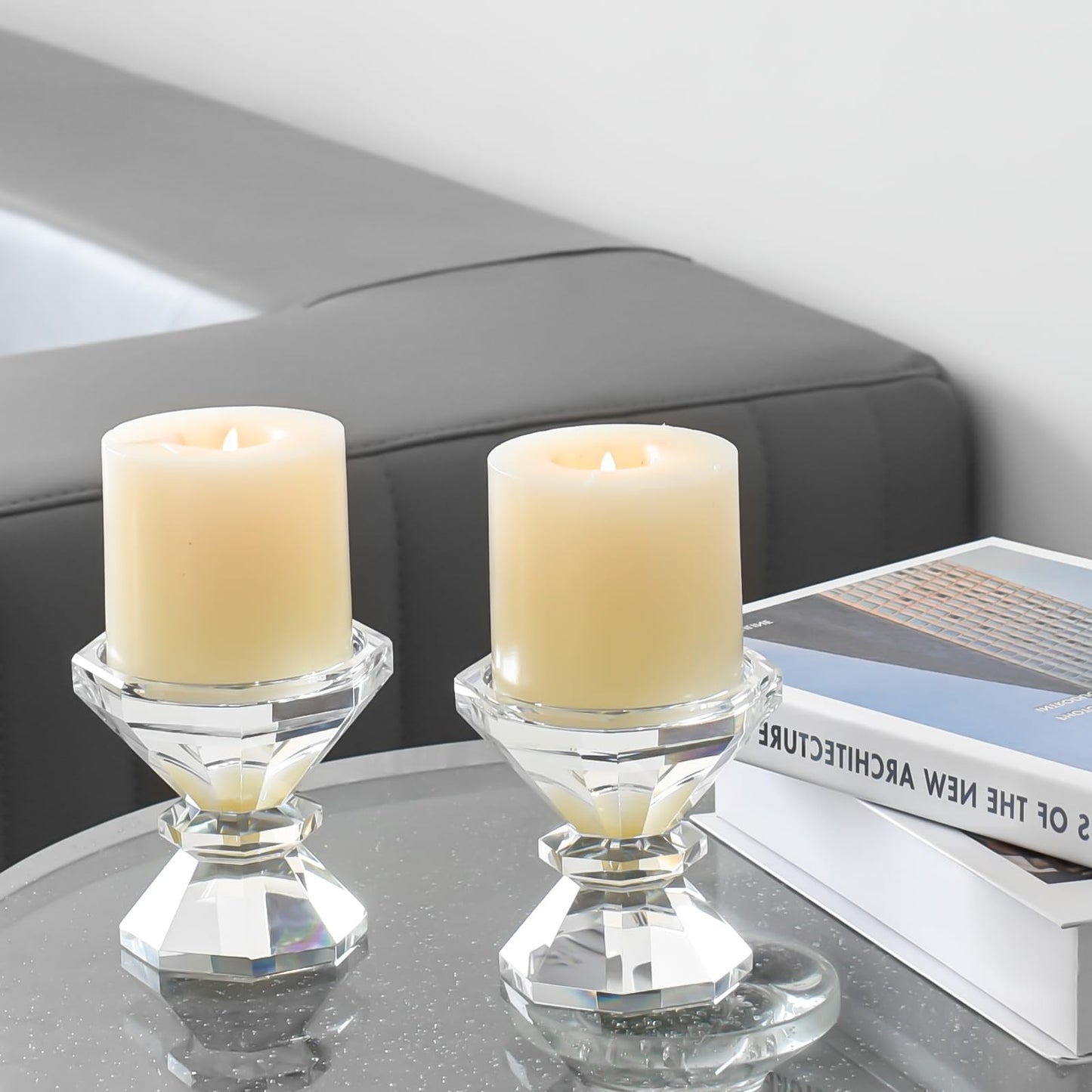 Marvala Crystal Candle Holders, Pillar Candlestick Set of 2, Modern Elegant Tall Crystal Candlesticks for Wedding Centerpieces, Christmas, Dining Table, Home, Party Decor