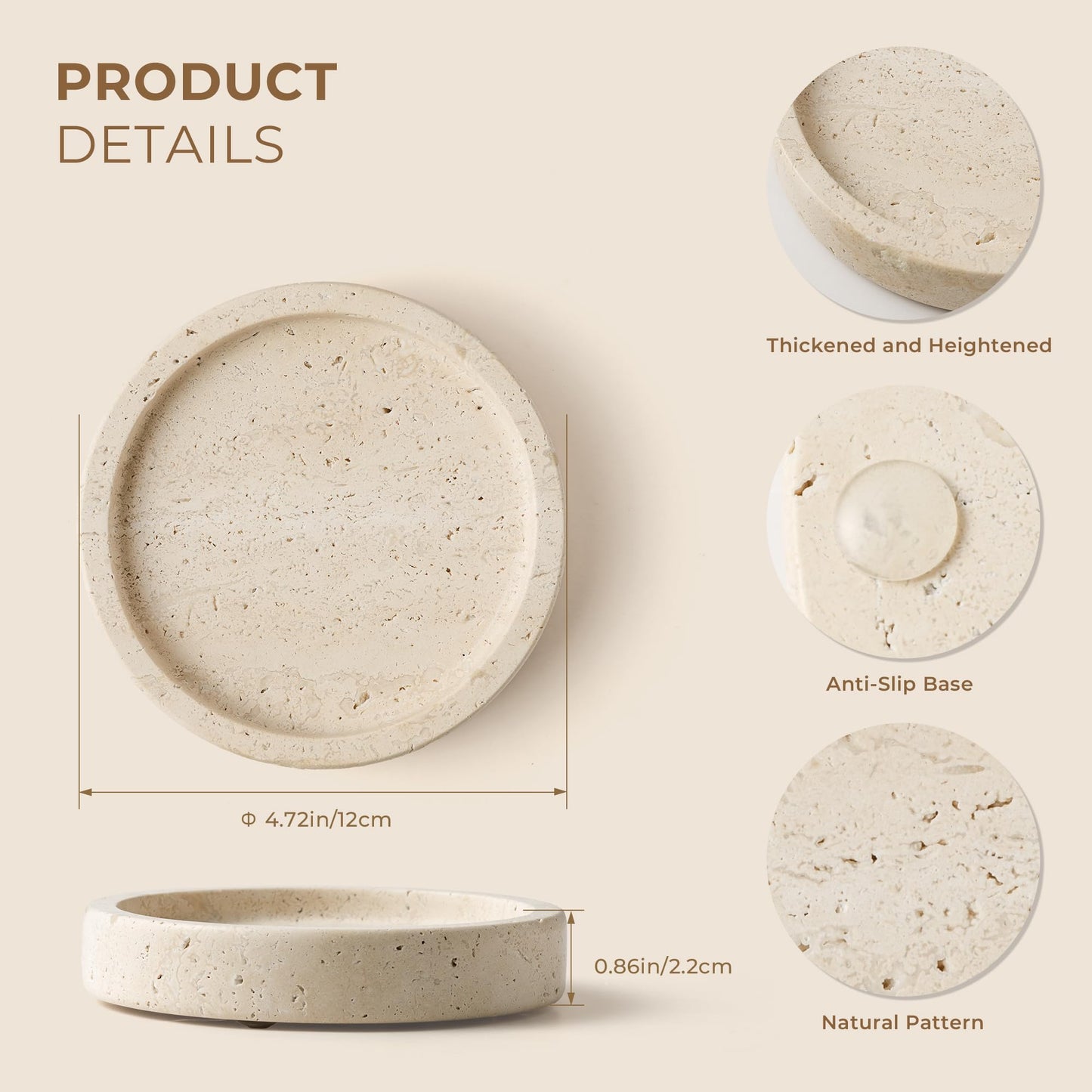 WORHE Candle Holders Italy Premium Natural Marble Candlestick Holder for Jar Pillar Candles Large Round Coaster Plate Jewelry Tray Centerpiece for Wedding Dining Table Home Decor Beige (WH063)