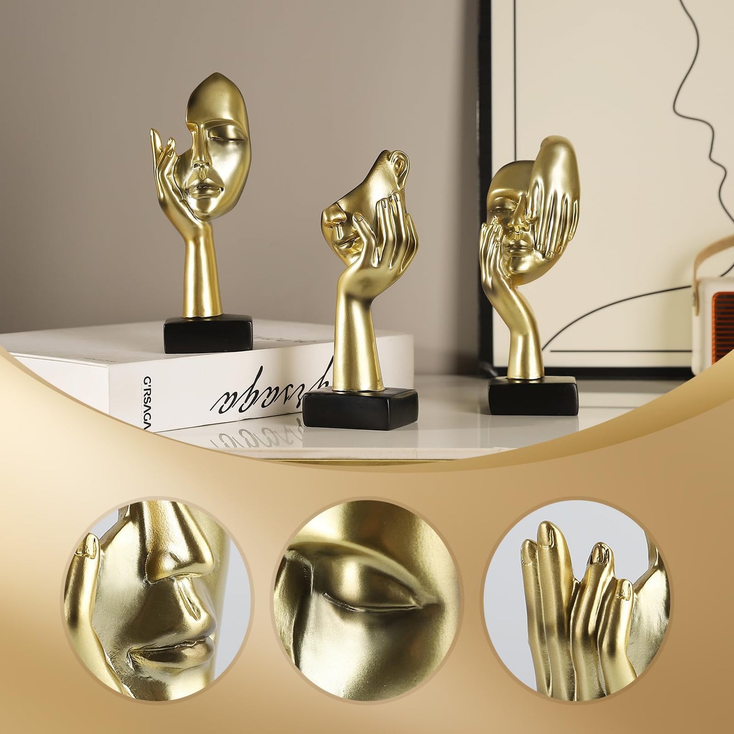 Modern Living Room Decoration - Gold Abstract Sculpture Decor For Shelves, Thinker Statues Set Of 3, Resin Face Knick Knacks Home Decor For Office Bookshelf, Shelf Side, Table, Gift For Friends