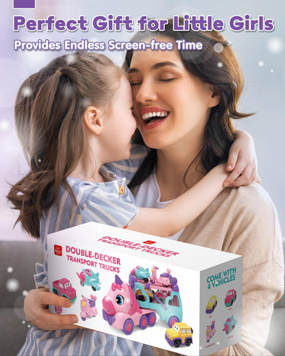 Lehoo Castle Toddler Toys for 1 2 3 Year Old Girls, Unicorn Gifts for Girls, 2 Year Old Cars Toys for kids, Birthday Gifts Carrier Truck with Light & Music